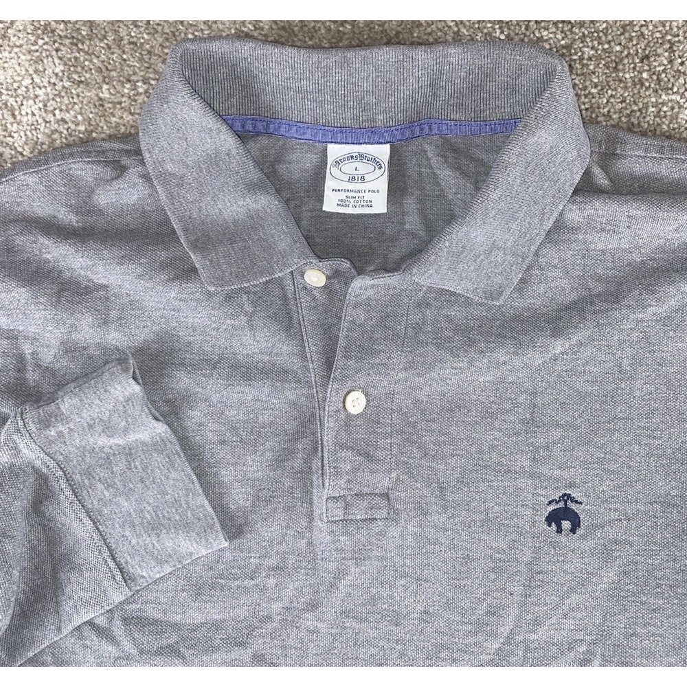 Brooks Brothers LongSleeve Gray Performance Polo Slim Fit Cotton Blue Lamb Men L